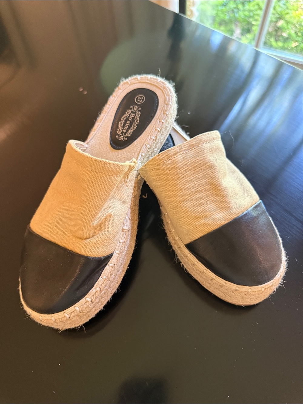 Canvas Slip-On Espadrille Mule in Beige and Black